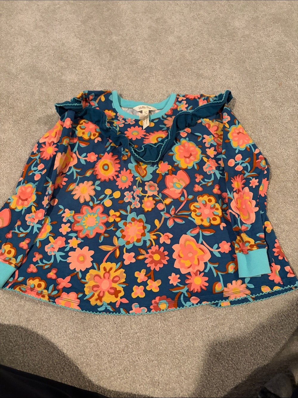 Tea Collection Navy Floral Ruffle Long-Sleeve Tee with Turquoise Accents